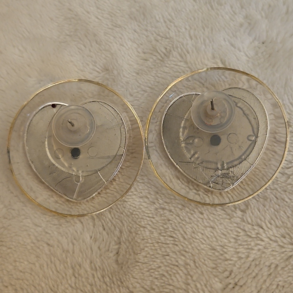 Vtg 1980s Statement Round Acrylic Pastel Marbled Pink Heart Post Earrings - Picture 5 of 5